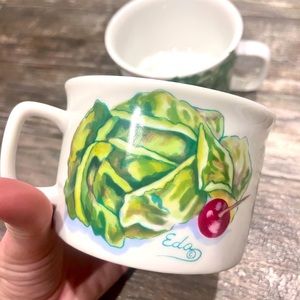 Set of 2 1977 Mann romaine lettuce vintage ceramic wide rim mugs